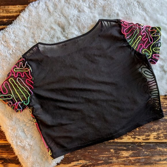 RARE Mustard Seed Rainbow Squiggle Mesh Crop Top - Picture 2 of 7